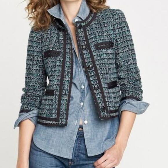 J.CREW Tweed Fanfare Peacock Cropped Blazer Jacket Green Black Size 0 - Picture 1 of 6